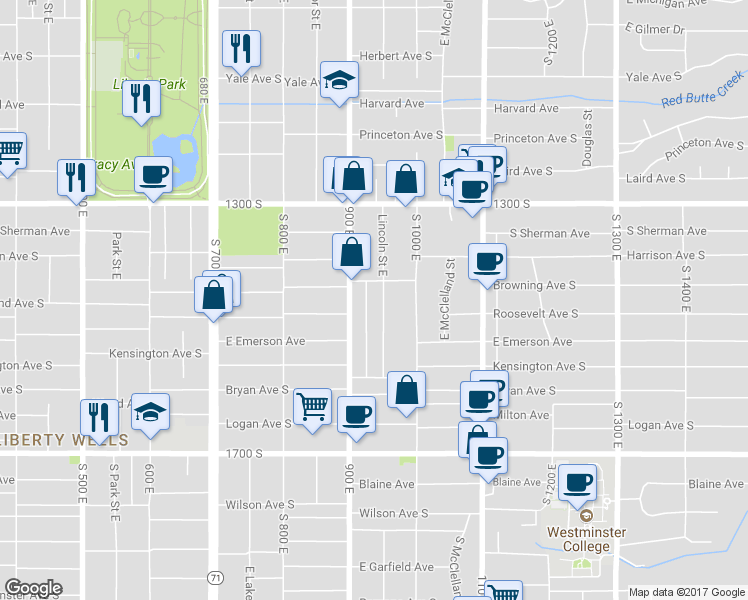 map of restaurants, bars, coffee shops, grocery stores, and more near 1436 Lincoln Street in Salt Lake City