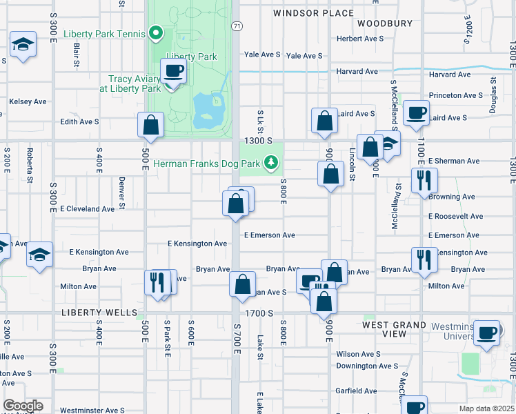 map of restaurants, bars, coffee shops, grocery stores, and more near 732 Browning Avenue South in Salt Lake City