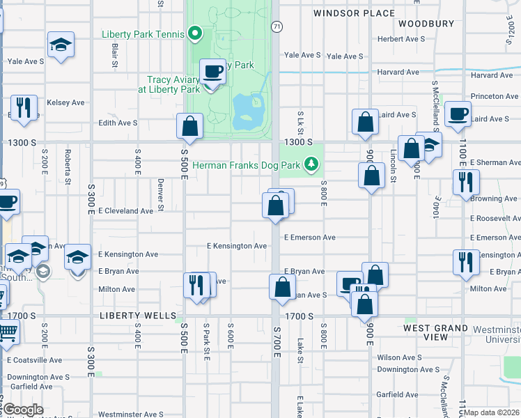 map of restaurants, bars, coffee shops, grocery stores, and more near 676 Browning Avenue South in Salt Lake City
