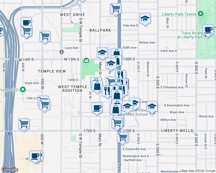map of restaurants, bars, coffee shops, grocery stores, and more near 43 Cleveland Avenue South in Salt Lake City