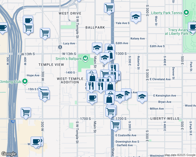 map of restaurants, bars, coffee shops, grocery stores, and more near 1433 South Main Street in Salt Lake City