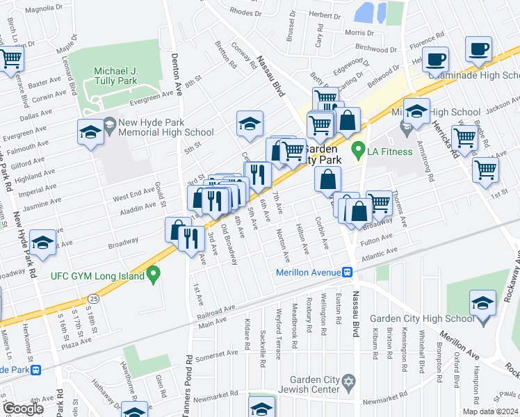 map of restaurants, bars, coffee shops, grocery stores, and more near 19 6th Avenue in New Hyde Park