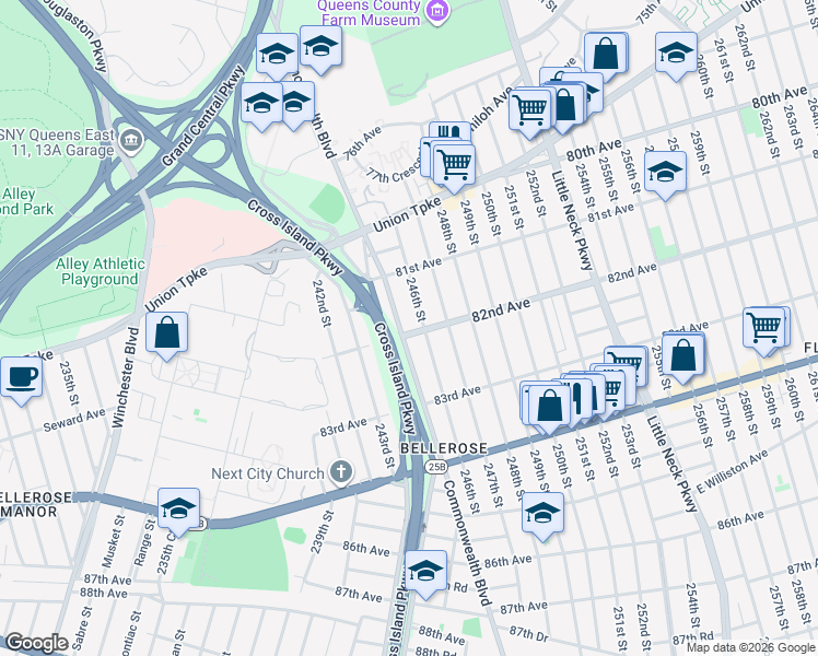map of restaurants, bars, coffee shops, grocery stores, and more near 81-53 Commonwealth Boulevard in Queens