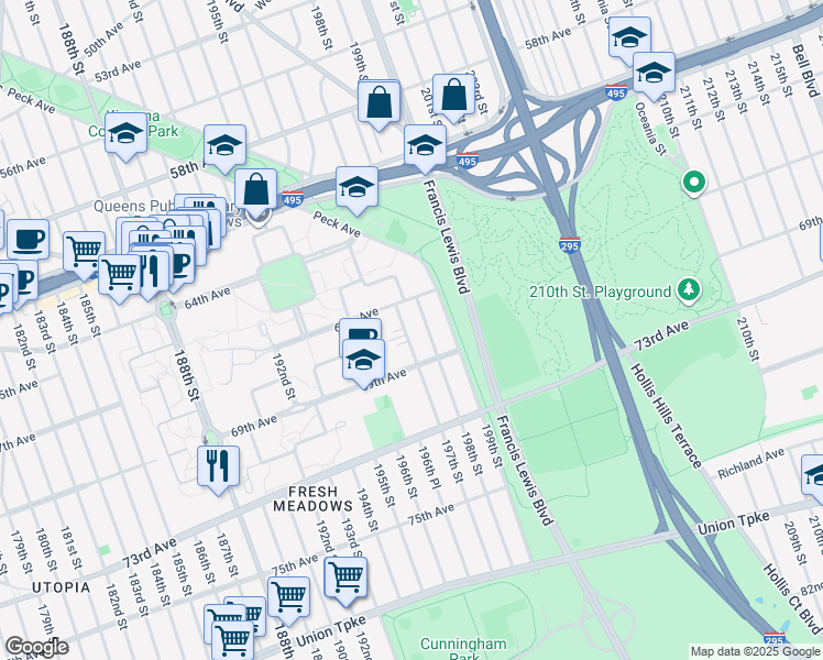 map of restaurants, bars, coffee shops, grocery stores, and more near 67-30 198th Street in Queens
