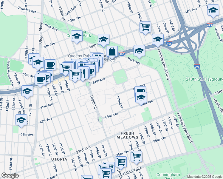 map of restaurants, bars, coffee shops, grocery stores, and more near 66-29-66-47 192nd Street in Queens