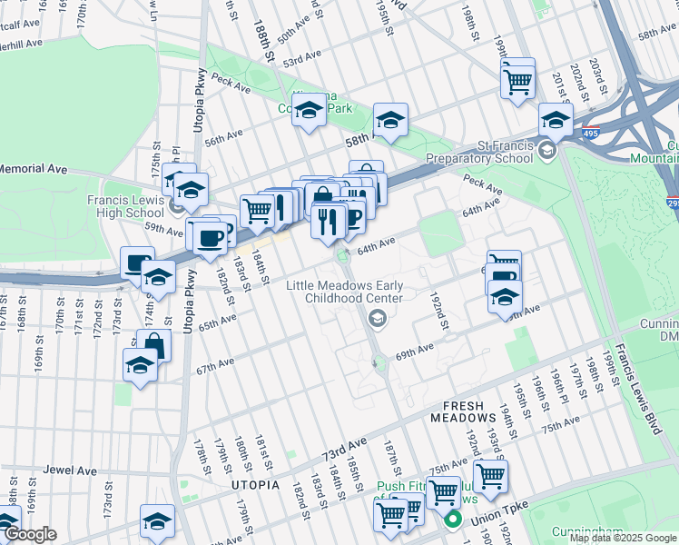map of restaurants, bars, coffee shops, grocery stores, and more near 64-5B 186th Lane in Queens
