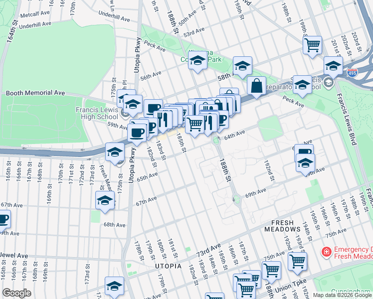map of restaurants, bars, coffee shops, grocery stores, and more near 185-6 64th Avenue in Queens