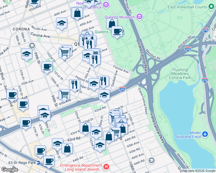 map of restaurants, bars, coffee shops, grocery stores, and more near 58-51 Waldron Street in Queens