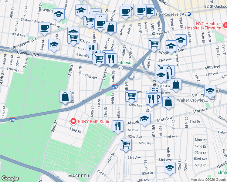 map of restaurants, bars, coffee shops, grocery stores, and more near 63rd Street in Queens