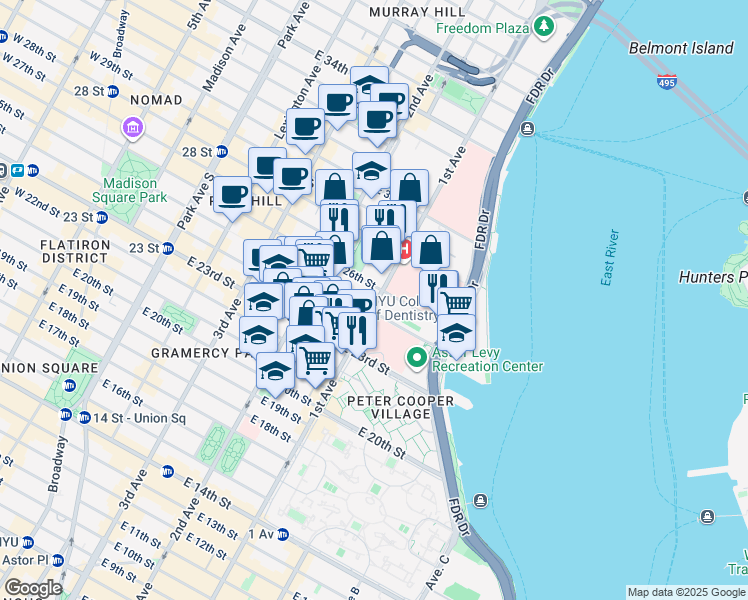 map of restaurants, bars, coffee shops, grocery stores, and more near 455 1st Avenue in New York