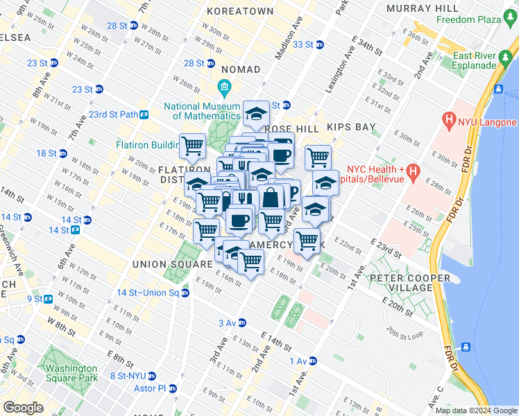 map of restaurants, bars, coffee shops, grocery stores, and more near 2 Lexington Avenue in New York