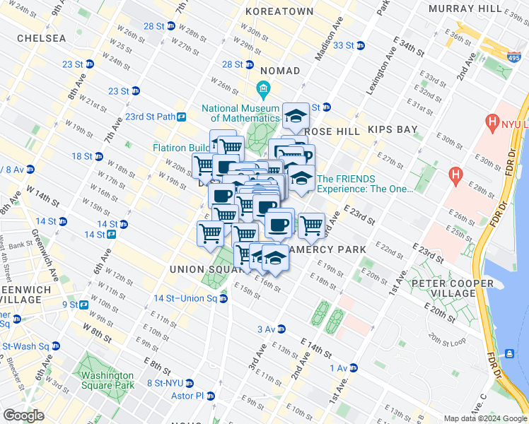 map of restaurants, bars, coffee shops, grocery stores, and more near 255 Park Avenue South in New York