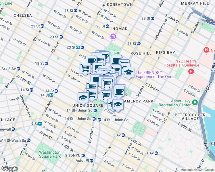 map of restaurants, bars, coffee shops, grocery stores, and more near 28 East 20th Street in New York
