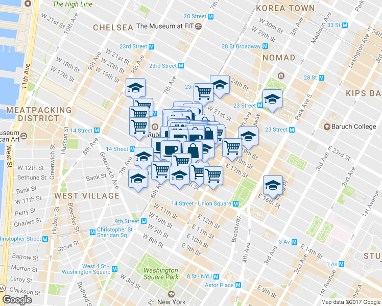 map of restaurants, bars, coffee shops, grocery stores, and more near 43 West 16th Street in New York