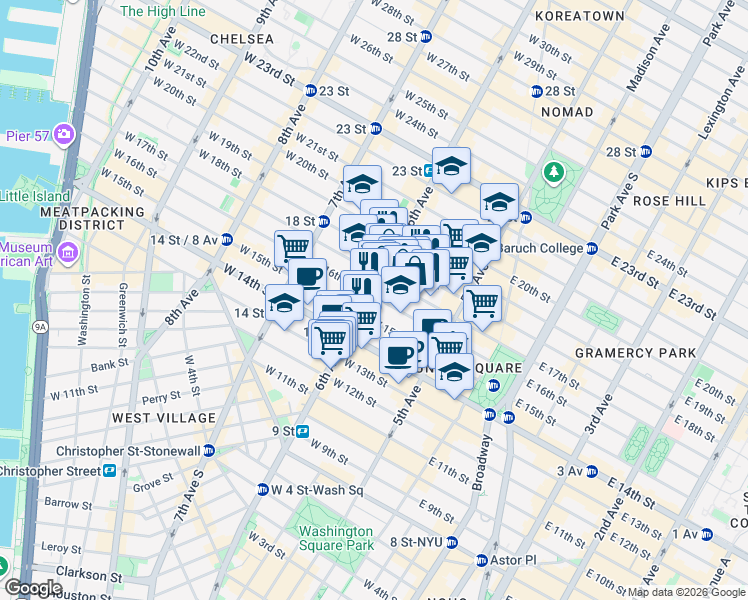 map of restaurants, bars, coffee shops, grocery stores, and more near 43 West 16th Street in New York
