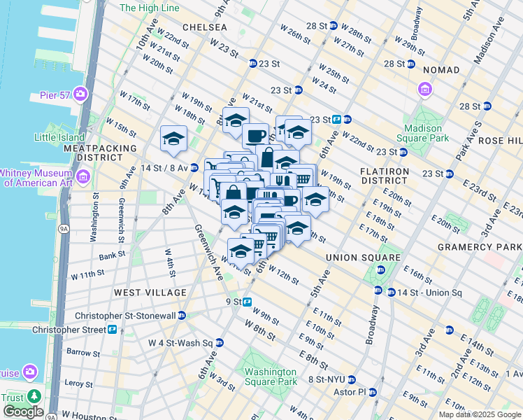 map of restaurants, bars, coffee shops, grocery stores, and more near 134 West 15th Street in New York