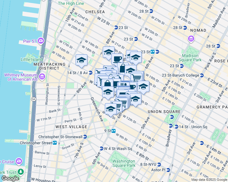 map of restaurants, bars, coffee shops, grocery stores, and more near 134 West 15th Street in New York