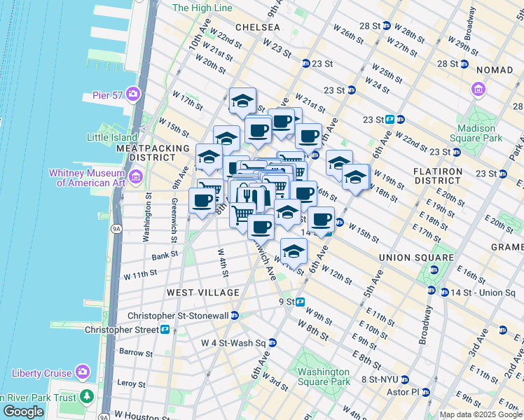 map of restaurants, bars, coffee shops, grocery stores, and more near 219 West 13th Street in New York