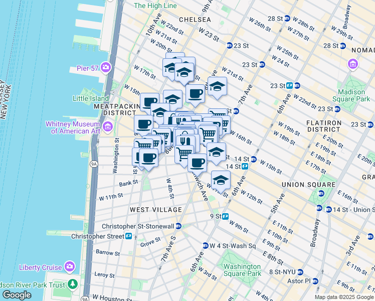 map of restaurants, bars, coffee shops, grocery stores, and more near 121 Greenwich Avenue in New York
