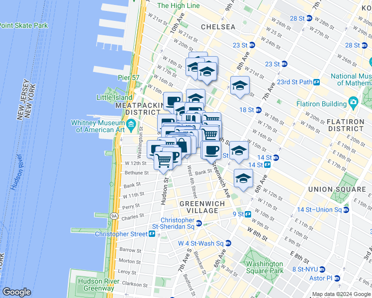 map of restaurants, bars, coffee shops, grocery stores, and more near 41 Jane Street in New York