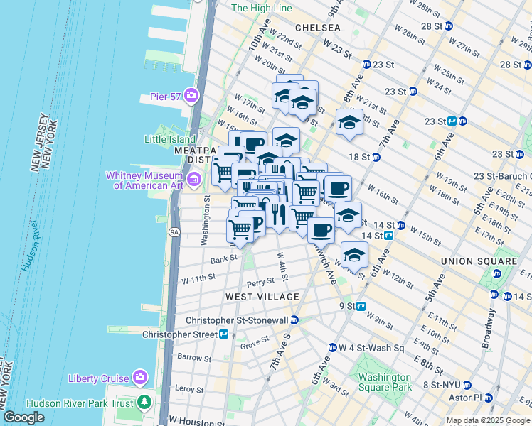 map of restaurants, bars, coffee shops, grocery stores, and more near 41 Jane Street in New York