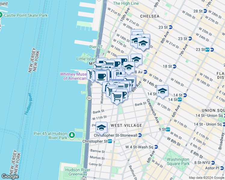 map of restaurants, bars, coffee shops, grocery stores, and more near 842-846 Greenwich Street in New York