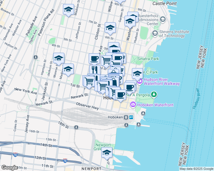 map of restaurants, bars, coffee shops, grocery stores, and more near in Hoboken