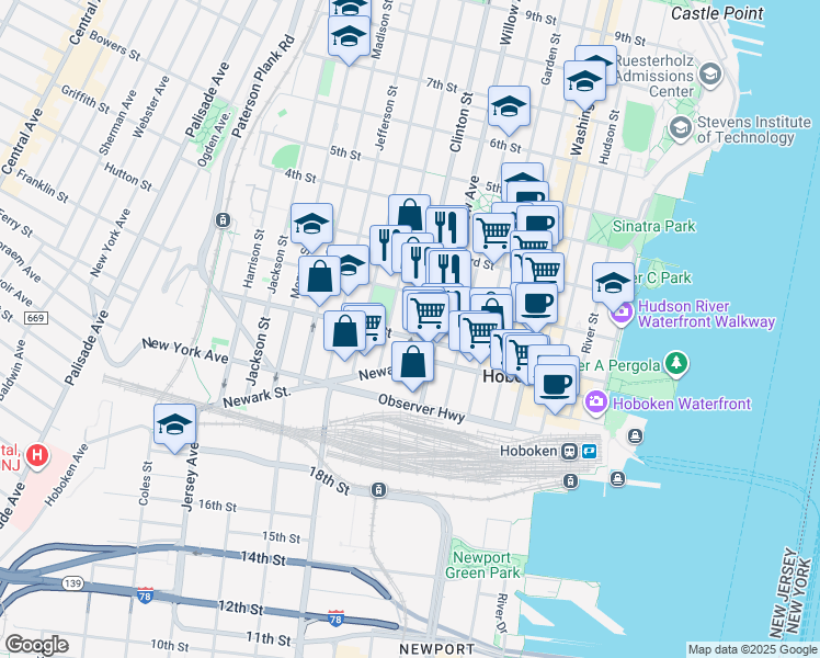 map of restaurants, bars, coffee shops, grocery stores, and more near 100-106 Clinton Street in Hoboken