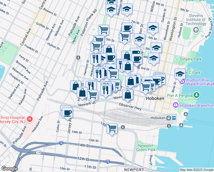 map of restaurants, bars, coffee shops, grocery stores, and more near 92 Jefferson Street in Hoboken