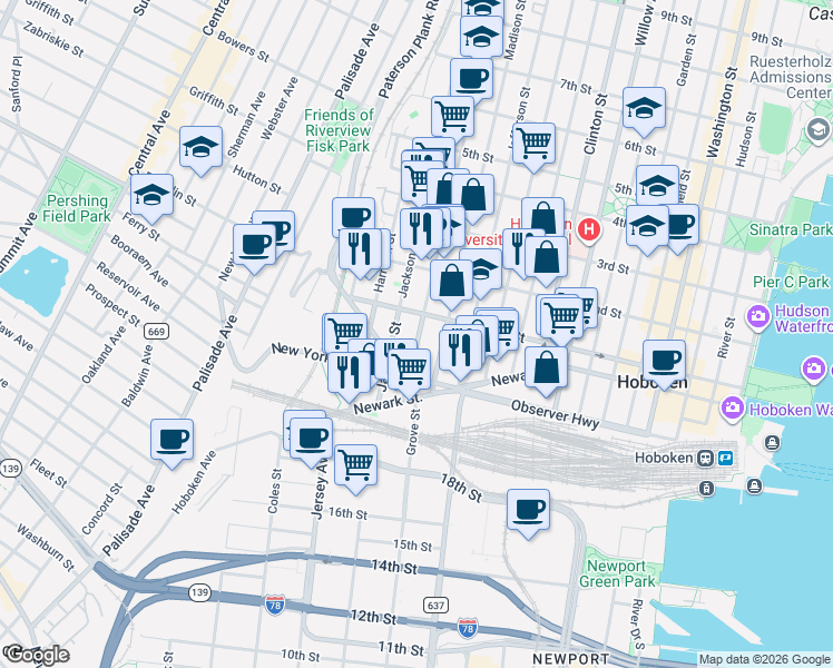map of restaurants, bars, coffee shops, grocery stores, and more near 83 Monroe Street in Hoboken