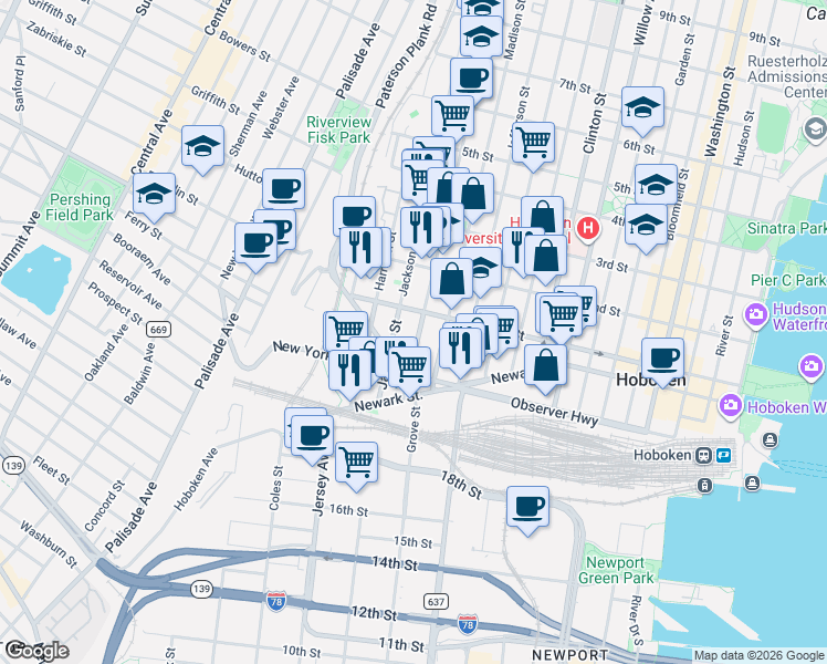 map of restaurants, bars, coffee shops, grocery stores, and more near 83 Monroe Street in Hoboken