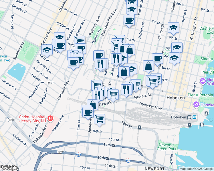 map of restaurants, bars, coffee shops, grocery stores, and more near 80 Jackson Street in Hoboken