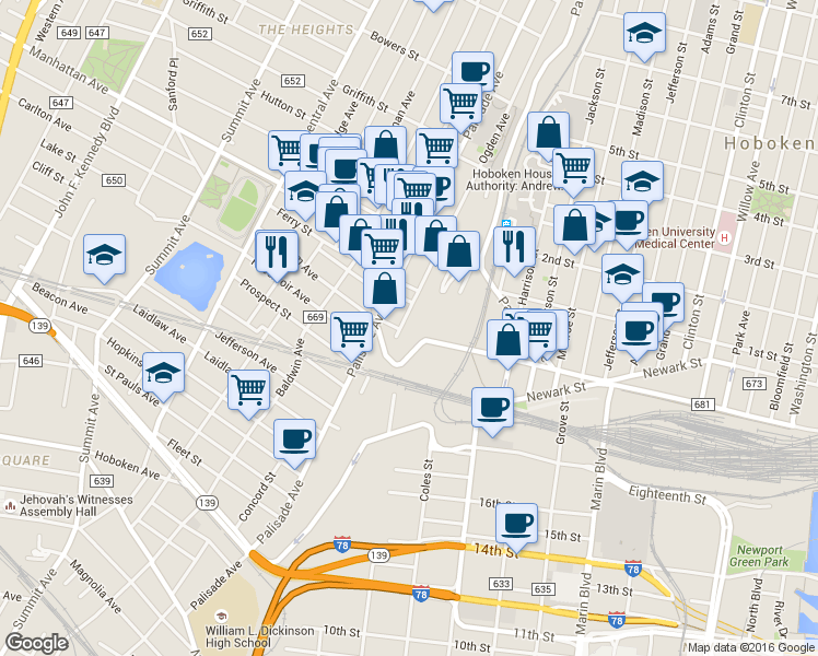 map of restaurants, bars, coffee shops, grocery stores, and more near 120 Ogden Avenue in Jersey City