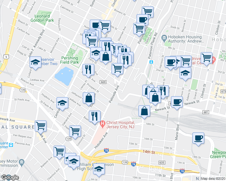 map of restaurants, bars, coffee shops, grocery stores, and more near 296 Palisade Avenue in Jersey City