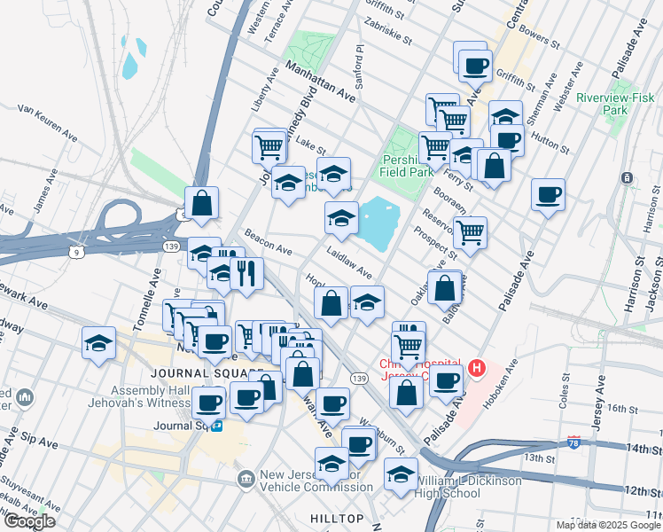 map of restaurants, bars, coffee shops, grocery stores, and more near 153 Laidlaw Avenue in Jersey City