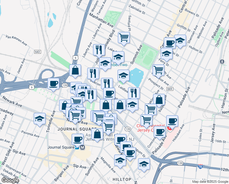 map of restaurants, bars, coffee shops, grocery stores, and more near in Jersey City