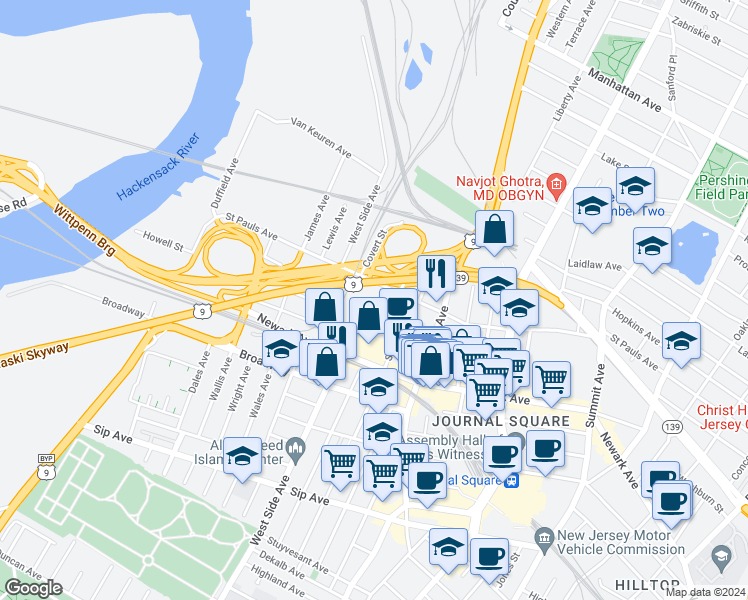 map of restaurants, bars, coffee shops, grocery stores, and more near 30 Dey Street in Jersey City