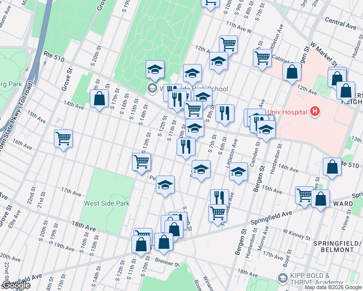 map of restaurants, bars, coffee shops, grocery stores, and more near 371 South 9th Street in Newark