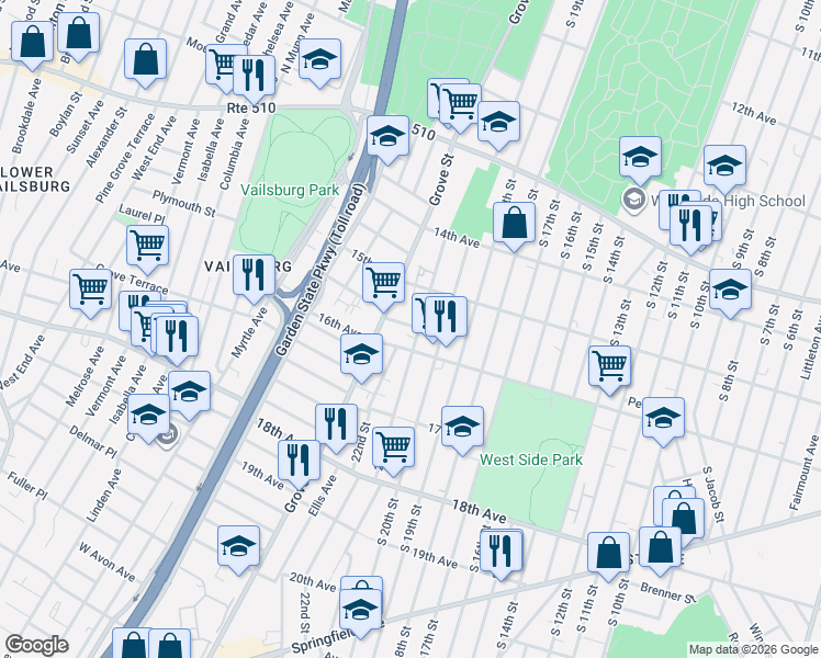 map of restaurants, bars, coffee shops, grocery stores, and more near 7 Roosevelt Terrace in Irvington