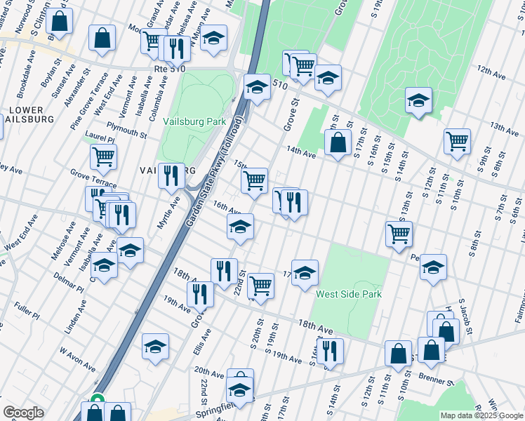 map of restaurants, bars, coffee shops, grocery stores, and more near 7 Roosevelt Terrace in Irvington