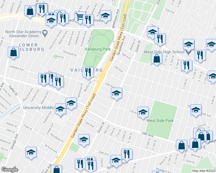 map of restaurants, bars, coffee shops, grocery stores, and more near 34 Arverne Terrace in Irvington