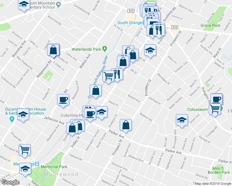 map of restaurants, bars, coffee shops, grocery stores, and more near 51 Arnold Terrace in South Orange