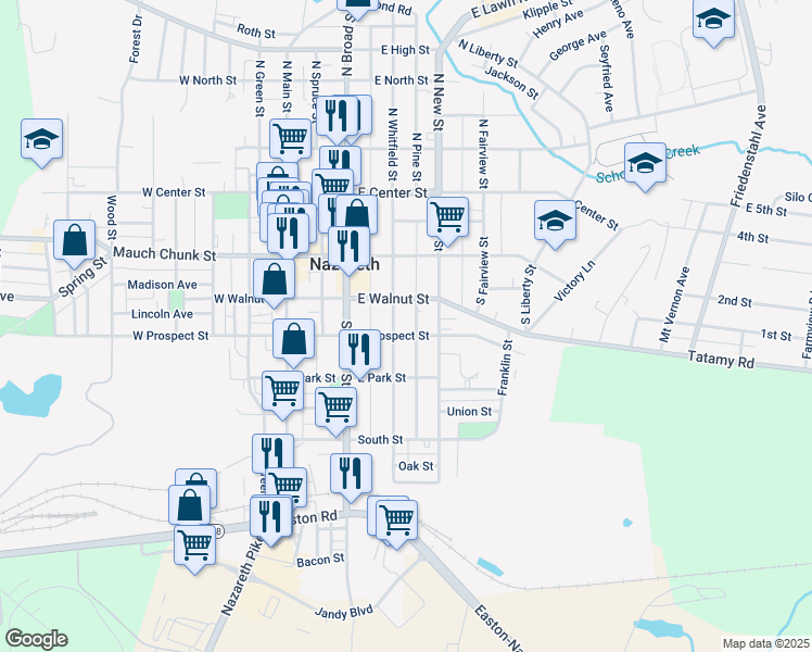 map of restaurants, bars, coffee shops, grocery stores, and more near 181 South Whitfield Street in Nazareth