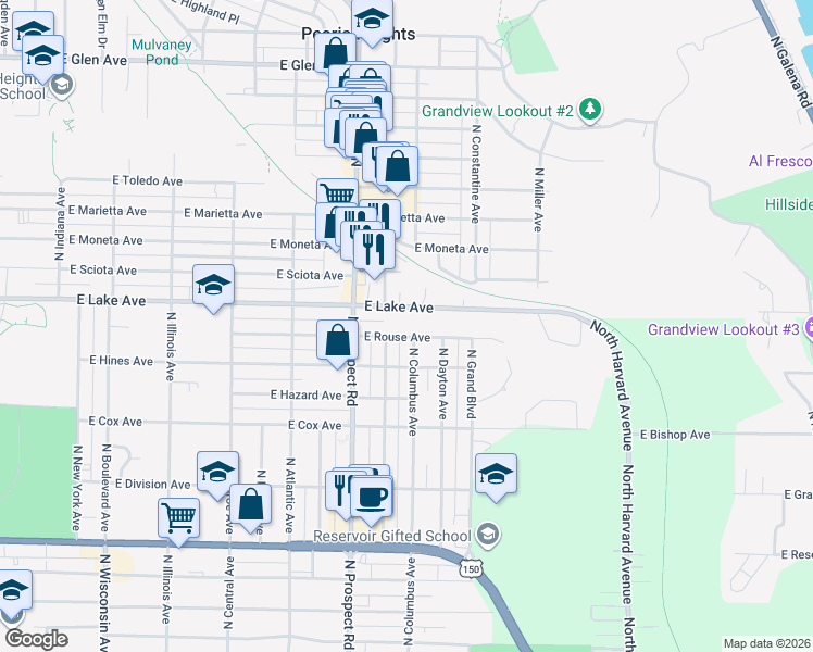 map of restaurants, bars, coffee shops, grocery stores, and more near 1405 East Rouse Avenue in Peoria