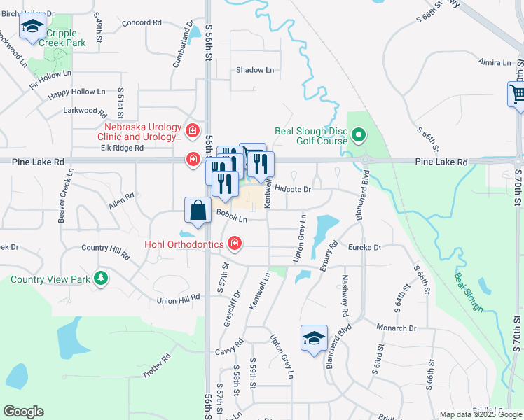 map of restaurants, bars, coffee shops, grocery stores, and more near 5911 Chartwell Lane in Lincoln