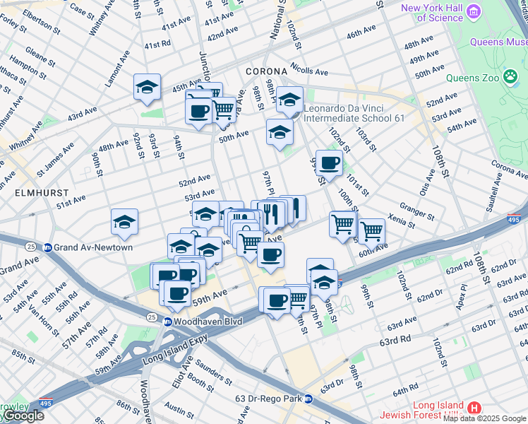 map of restaurants, bars, coffee shops, grocery stores, and more near 55-3 97th Street in Queens