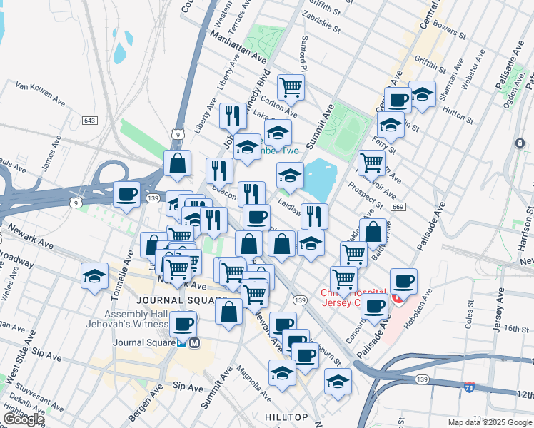 map of restaurants, bars, coffee shops, grocery stores, and more near 187 Beacon Avenue in Jersey City