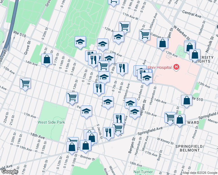 map of restaurants, bars, coffee shops, grocery stores, and more near 332 South 8th Street in Newark
