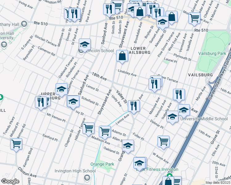 map of restaurants, bars, coffee shops, grocery stores, and more near 70 Valley Street in Newark