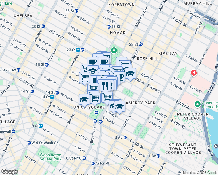 map of restaurants, bars, coffee shops, grocery stores, and more near 30 East 20th Street in New York